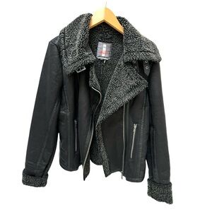 BUFFALO David Bitton Black Bomber Jacket Sherpa Moto style‎ Pilot Bikercore Sz L